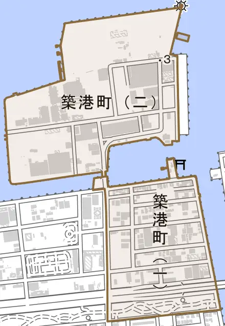 築港町とその周辺の地図。町の範囲を重ねている