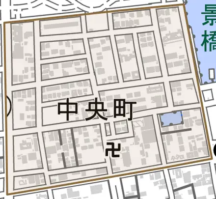 中央町とその周辺の地図。町の範囲を重ねている