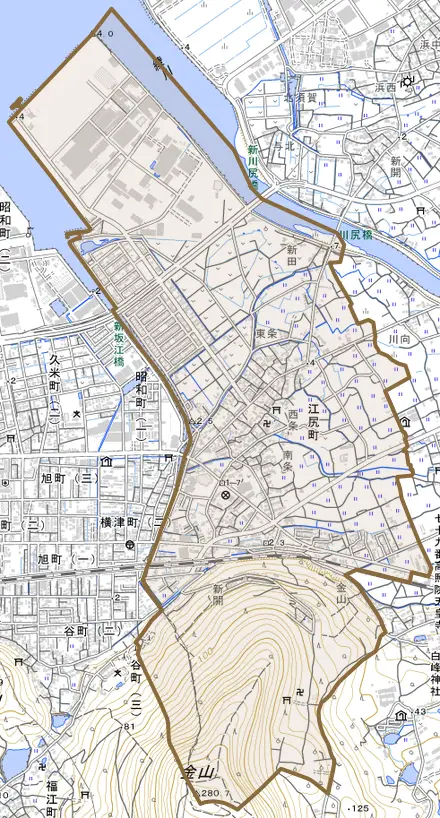 江尻町とその周辺の地図。町の範囲を重ねている