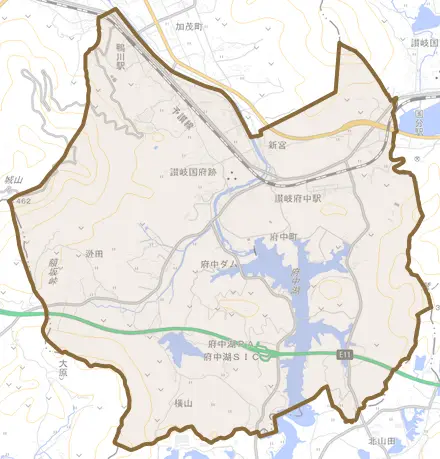 府中町とその周辺の地図。町の範囲を重ねている