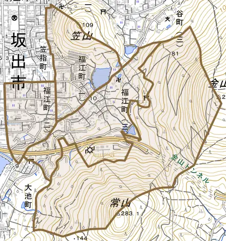 福江町とその周辺の地図。町の範囲を重ねている