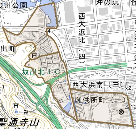 御供所町とその周辺の地図。町の範囲を重ねている