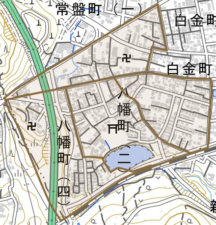 八幡町とその周辺の地図。町の範囲を重ねている