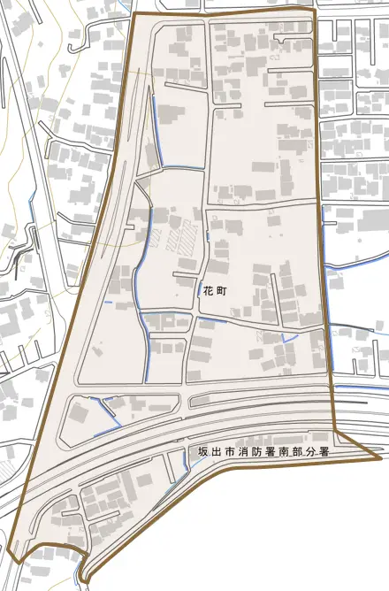 花町とその周辺の地図。町の範囲を重ねている