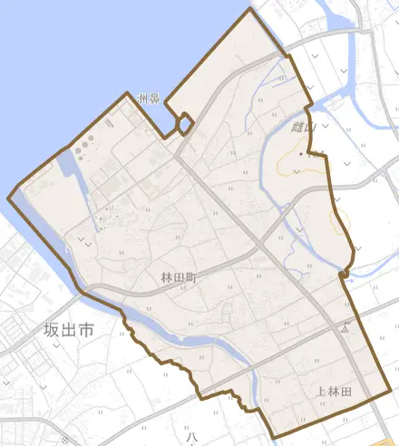 林田町とその周辺の地図。町の範囲を重ねている