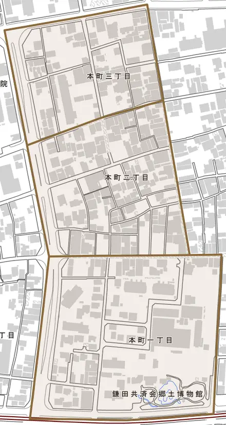 本町とその周辺の地図。町の範囲を重ねている