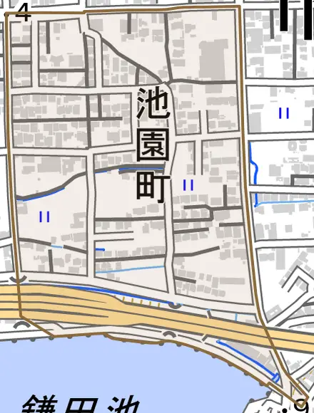 池園町とその周辺の地図。町の範囲を重ねている