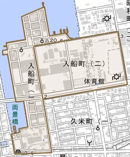 入船町とその周辺の地図。町の範囲を重ねている