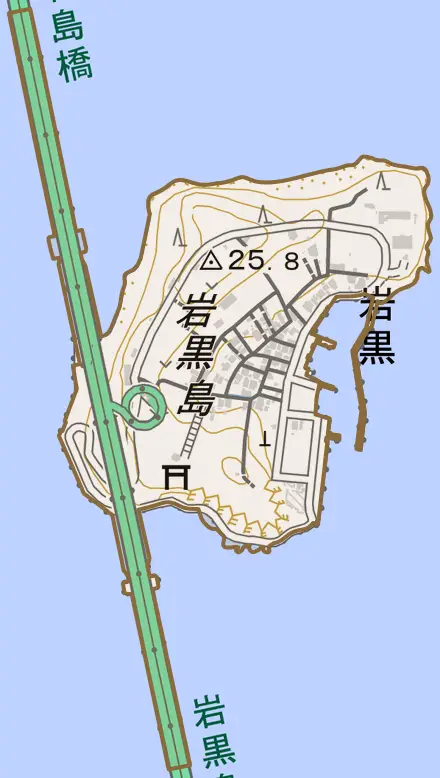 岩黒とその周辺の地図。町の範囲を重ねている