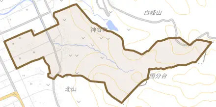神谷町とその周辺の地図。町の範囲を重ねている