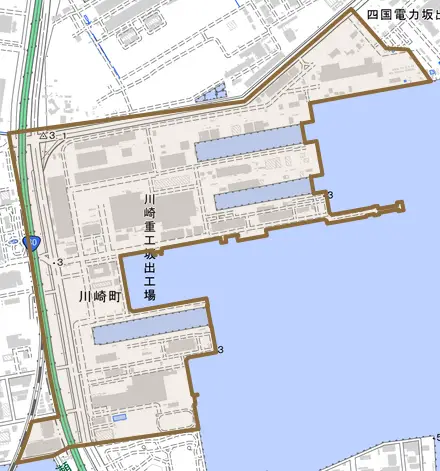 川崎町とその周辺の地図。町の範囲を重ねている