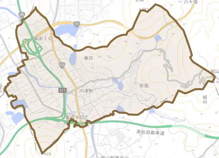 川津町とその周辺の地図。町の範囲を重ねている