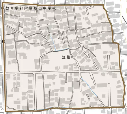 笠指町とその周辺の地図。町の範囲を重ねている