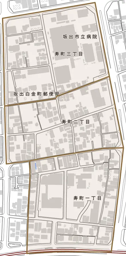 寿町とその周辺の地図。町の範囲を重ねている