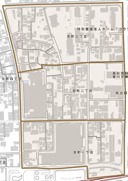 京町とその周辺の地図。町の範囲を重ねている