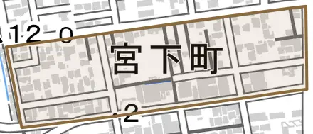 宮下町とその周辺の地図。町の範囲を重ねている