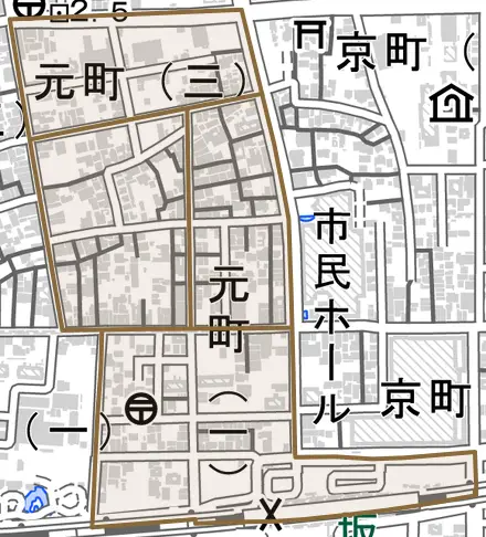 元町とその周辺の地図。町の範囲を重ねている