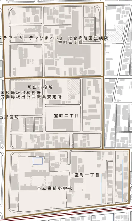 室町とその周辺の地図。町の範囲を重ねている