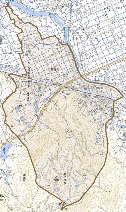 西庄町とその周辺の地図。町の範囲を重ねている