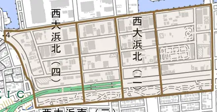 西大浜北とその周辺の地図。町の範囲を重ねている