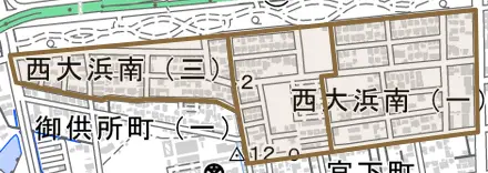 西大浜南とその周辺の地図。町の範囲を重ねている