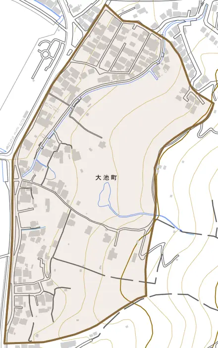 大池町とその周辺の地図。町の範囲を重ねている