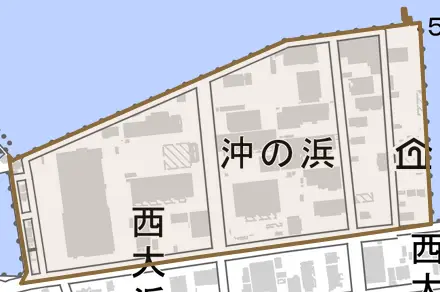 沖の浜とその周辺の地図。町の範囲を重ねている