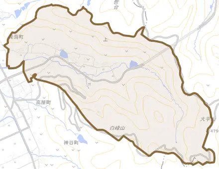 青海町とその周辺の地図。町の範囲を重ねている