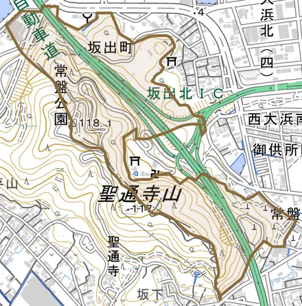 坂出町とその周辺の地図。町の範囲を重ねている