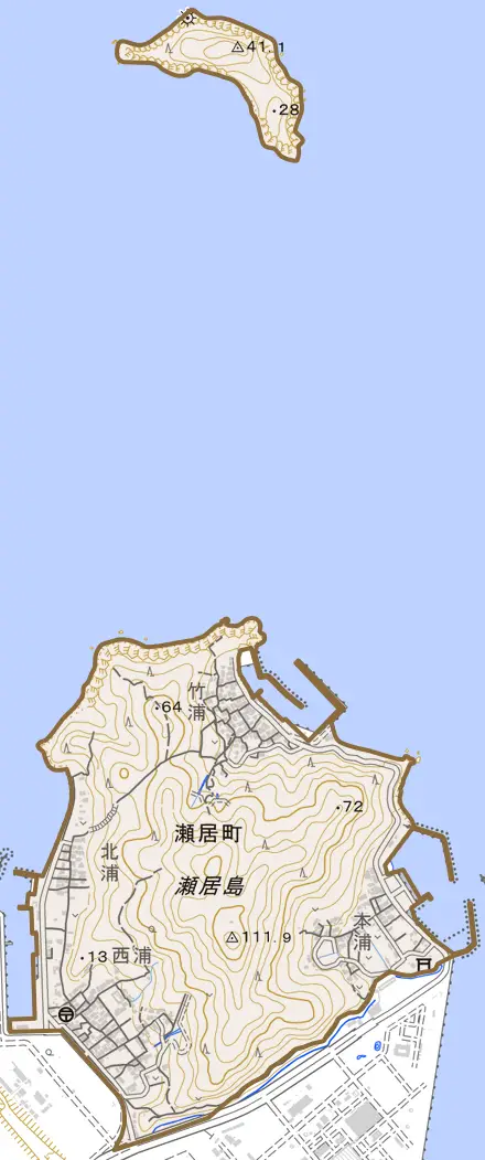 瀬居町とその周辺の地図。町の範囲を重ねている