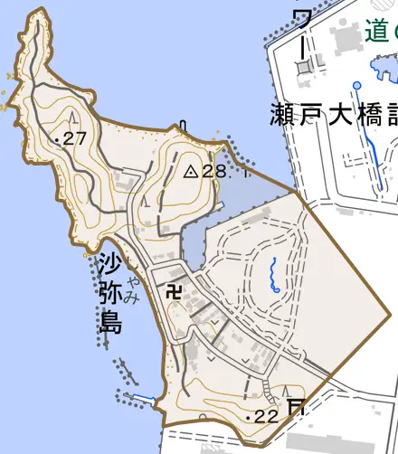 沙弥島とその周辺の地図。町の範囲を重ねている
