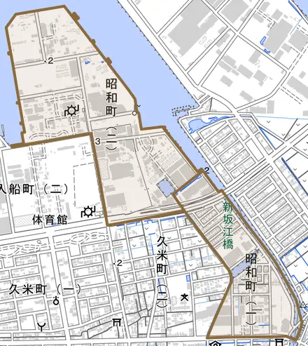昭和町とその周辺の地図。町の範囲を重ねている
