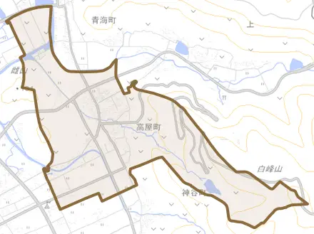 高屋町とその周辺の地図。町の範囲を重ねている
