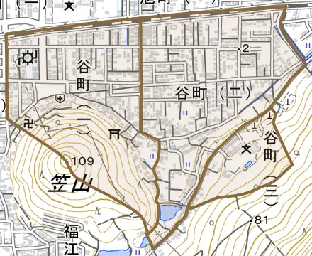 谷町とその周辺の地図。町の範囲を重ねている