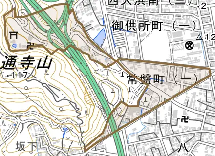 常盤町とその周辺の地図。町の範囲を重ねている