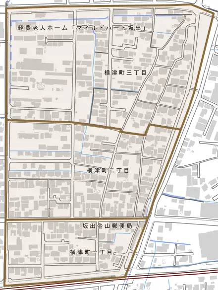 横津町とその周辺の地図。町の範囲を重ねている