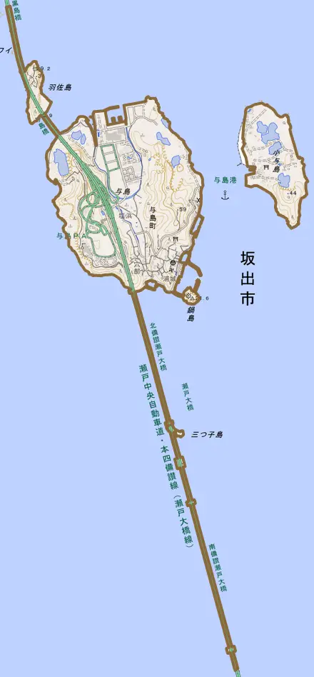 与島町とその周辺の地図。町の範囲を重ねている