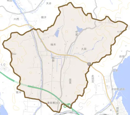 鴨部とその周辺の地図。町の範囲を重ねている