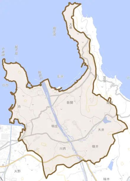鴨庄とその周辺の地図。町の範囲を重ねている