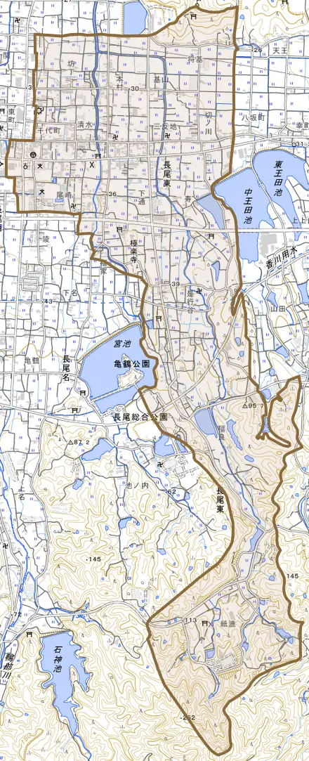 長尾東とその周辺の地図。町の範囲を重ねている