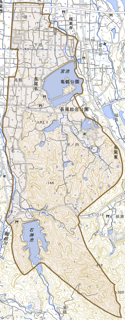 長尾名とその周辺の地図。町の範囲を重ねている