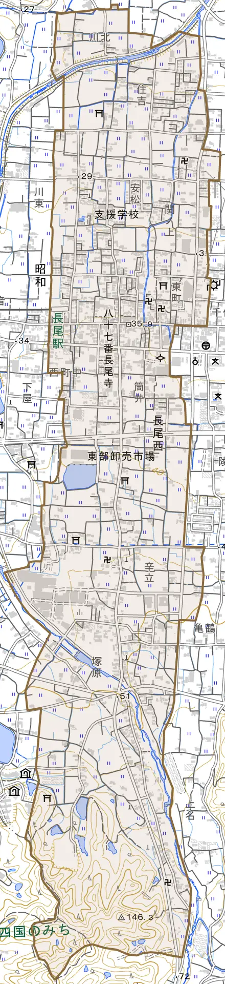 長尾西とその周辺の地図。町の範囲を重ねている