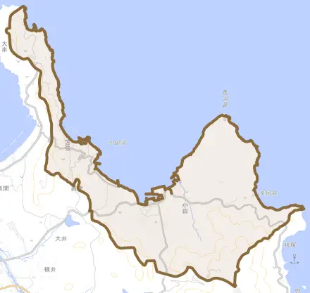 小田とその周辺の地図。町の範囲を重ねている