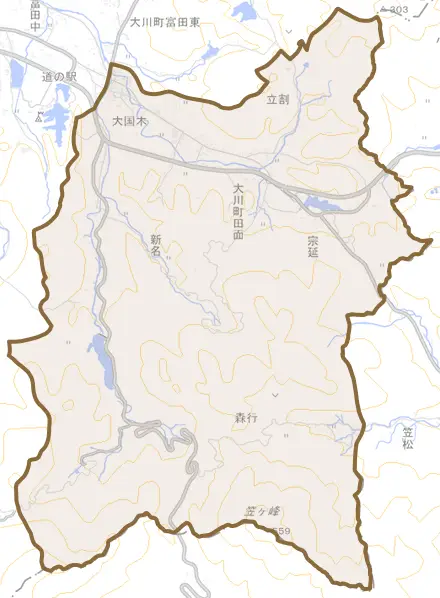 大川町田面とその周辺の地図。町の範囲を重ねている