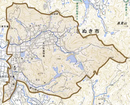 大川町富田東とその周辺の地図。町の範囲を重ねている