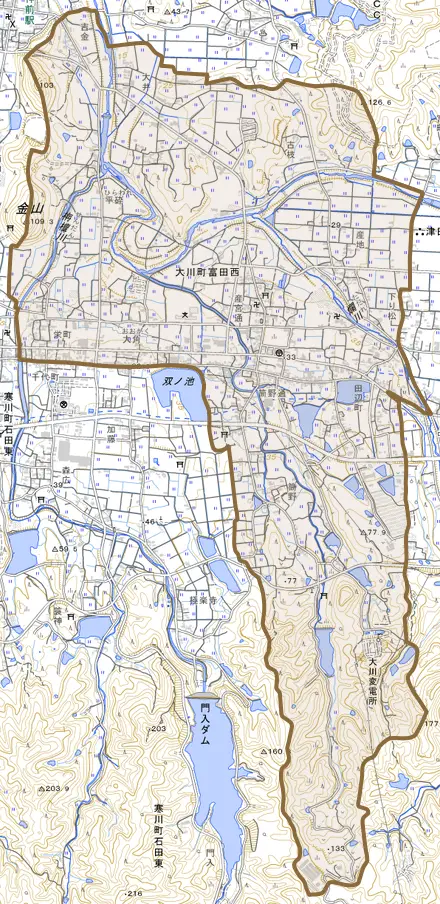 大川町富田西とその周辺の地図。町の範囲を重ねている