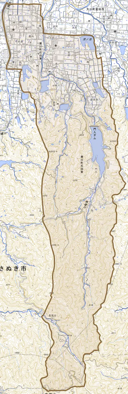 寒川町石田東とその周辺の地図。町の範囲を重ねている
