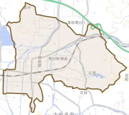 寒川町神前とその周辺の地図。町の範囲を重ねている