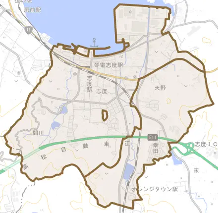 志度とその周辺の地図。町の範囲を重ねている