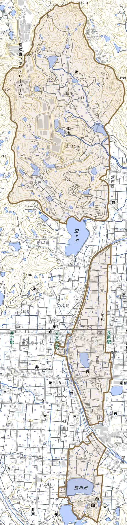 昭和とその周辺の地図。町の範囲を重ねている